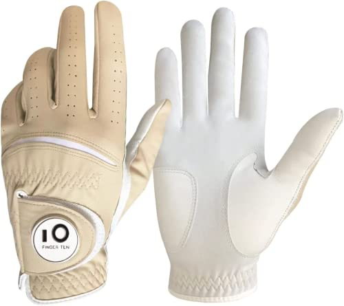 FINGER TEN Golfhandschuhe Herren Golf Handschuhe Links Rechts Leder Handschuh Wert 1 2 Stück Not Paar Golfhandschuh Linke Rechte mit Ball Marker Allwetter Griff (1 Stück Khaki, L, Links)