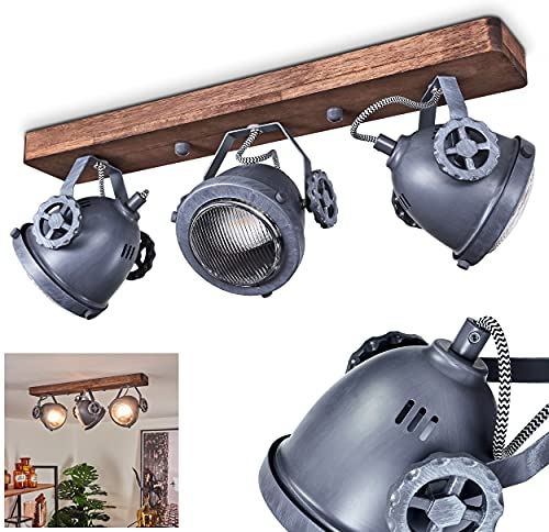 Plafonnier Herford en bois, métal gris et verre, spot de plafond orientable rétro-industriel idéal dans un salon vintage, pour 3 ampoules GU10, ampoule(s) non incluse(s)