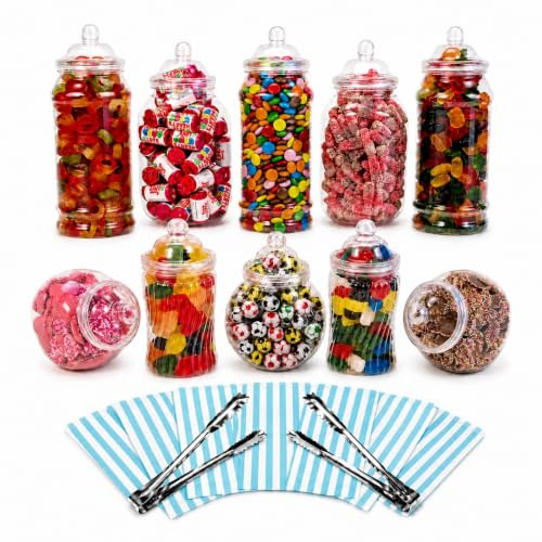 10 Assorted Plastic Sweet Jars, 2 tongs, 50 Bags for Parties, Weddings, Candy Buffet (Aqua)