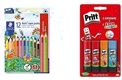 STAEDTLER 129 NC12P1ST Buntstift Noris super jumbo + Klebestift, sicherer und kinderfreundlicher Kleber 9H PTFCS