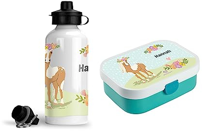 wolga-kreativ Personalisiertes Set Mepal Campus Kinder Brotdose und Trinkflasche Pony für Mädchen Lunchbox mit Fächern und Unterteilung Pausenset als Geschenk Schule und Kindergarten