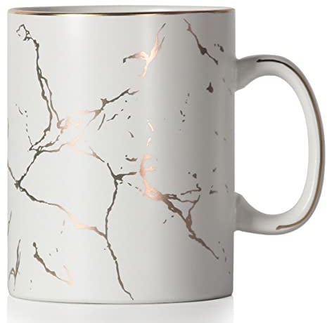 SHOWFULL 22oz Luxury Gold Pattern Inlay Exter Large Coffee Mug, 650ml Classic Ceramic Marble Tea Cup with Handle for Men Women, Matte White