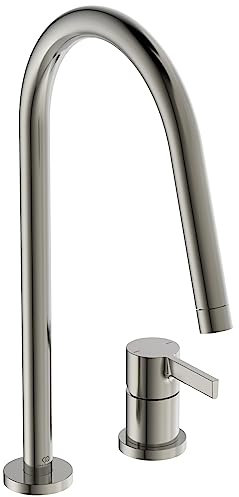 Ideal Standard – Gusto 2-Loch Küchenarmatur, Hoher Auslauf mit zylindrischem Querschnitt, mit FirmaFlow Kartusche, Schwenkbereich 360°, Schaftverschraubung von unten, Silver Storm
