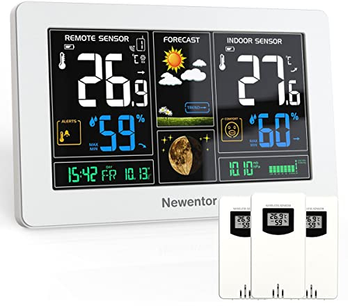 Newentor Wetterstation Funk mit 3 Außensensoren - Funkwetterstation mit Wettervorhersage, Temperaturwarnung, DCF Funkuhr - Batteriebetrieb und Netzbetrieb, Weiß