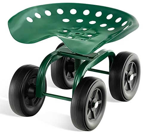 COSTWAY Rollsitz mit Rollen, 360 ° drehbar | höhenverstellbar, Mobiler Gartensitz Outdoor Gartenhocker, bis 150 kg | breite Reifen, Gartenrollsitz Metall, für Gartenarbeit & Autopflege, Grün