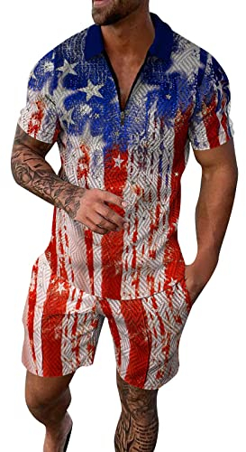 Xmiral Mens Independence Day Fag Frühling Sommer Mode Freizeit Meer Strandurlaub 3D-Digitaldruck Reißverschluss Kurzarmhemd Shorts Anzug Zweiteiler Trainingsanzug Gentlemen (Rot-D,Rot-D)