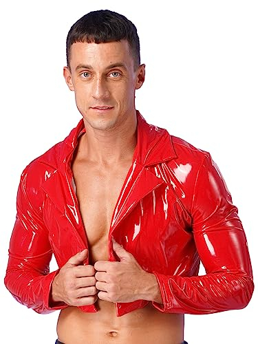 TiaoBug Herren Wetlook Anzug Jacke Lack Leder Langarm Jacke V-Ausschnitt mit Knopfeleiste Sakko Smoking Frack Party Hochzeit Clubwear Rot B XXL