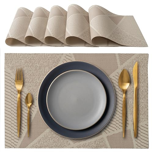 IPEA Sets de Table élégants 45 x 30 cm pour Dîner, Déjeuner, Petit Déjeuner - 6 unités - Set de Table Lavable, Résistant au Chaleur, antidérapant et Anti-Taches Tables Cuisine Salle à Manger - Beige
