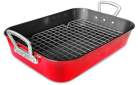 Roasting Pan with Rack Nonstick Roasting Baking Tray with Handle Carbon Steel Versatile Christmas Roasting Pan for Turkey,Chicken,Steak,Beef,Seafood,Vegetables,Pasta,etc Red 15.7inch,44.5cm