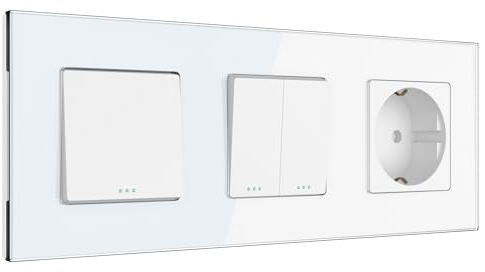 PULSAR Steckdose/Lichtschalter/Serienschalter Unterputz Weiß Glas, Kombination 3-Fach aus Schalter, Doppelschalter und Schuko-Steckdose 16A mit 4mm Glasrahmen