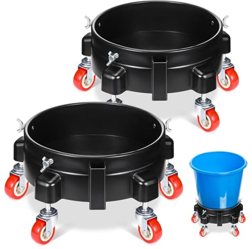 Datanly 2 Pcs 5 Gallon Bucket Dolly with 5 Swivel Wheel Casters 11.42'' Car Wash Bucket Dolly Round Plastic Dollies for Car Washing Garage Construction Flowerpot(Black)