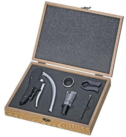 Cilio Lombardia Weinset 4 tlg. enthält einen Korkenzieher, Ausgießer, Tropfenfänger, Folienschneider & Ersatzspirale, aus Edelstahl, 350173