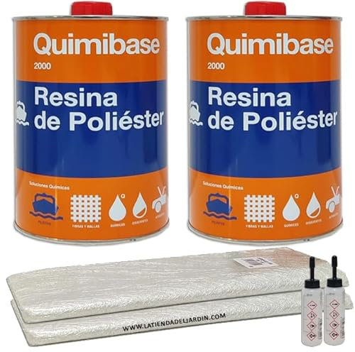 Suinga Kit résine de polyester 2 kg pour réparations + couverture fibre de verre 2m2 Mat-300 + catalyseur au peroxyde. Utile pour réparations de voitures, piscines, réservoirs, nautiques et