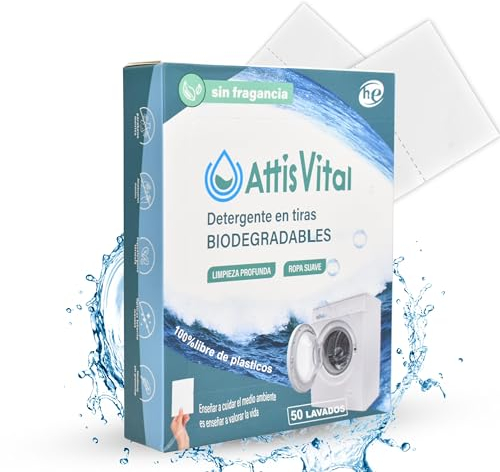 AttisVital Detergente en Tiras para Lavadora (50 Lavados) – Ecológico, Hipoalergénico, con Efecto Suavizante – Ropa Limpia y Suave, Respetuoso con el Planeta (Sin Fragancia)