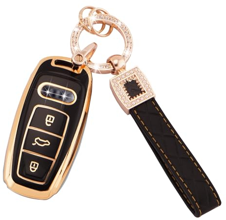 Koaudb Autoschlüssel Hülle für Audi A6 A6L A7 A8 A8L Q7 Q8 S6 S7 SQ7 SQ8 RS6 RS7 E-Tron Schlüsselhülle Soft TPU Schlüsselkoffer Schalen 3 Knöpfe mit Leder-Schlüsselanhänger Schwarz Gold (BP-Ad-3L)
