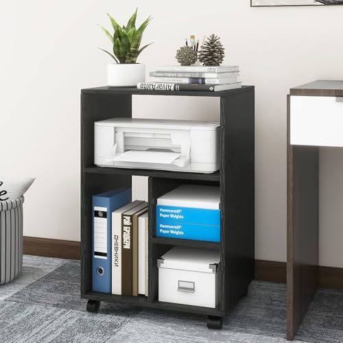 PUNCIA Aktenschrank mit Rollen Büroschrank mit 4 Ablage Mobiler Rollcontainer Druckerständer aus Holz verstellbar für Akten Dokumente DIN A4 Bürowagen für Büro Office Zuhause Arbeitszimmer Schwarz