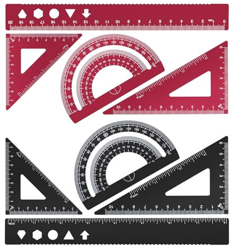 MSDADA Set di 8 righelli da 20 cm, in lega di alluminio, goniometro matematico, set di strumenti ideali per disegnare, misurare studenti, insegnanti, architetti, ingegneri (nero + rosso)
