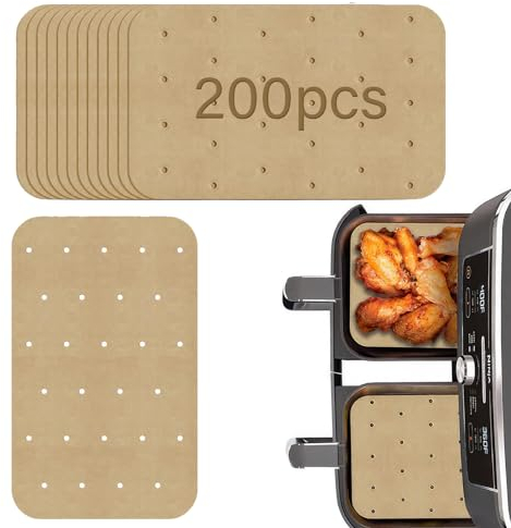 200Pcs Air Fryer Paper Liners, Disposable Airfryer Liners Dual Parchment Paper Compatible with Ninja AF400UK AF300UK Tower Salter, Nonstick Perforated Rectangle Cooking Paper Sheet 5.5x8.5in