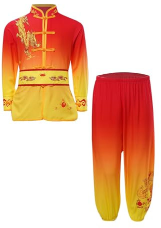 HULIJA Kinder Jungen Kampfsport Bekleidung Langarm Tai Chi Kleidungsset Trainingsbekleidung Sets Kung Fu Uniform Sport Training Rot Gelb 158-164