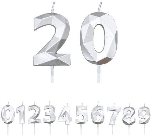 FUZVOL Birthday Cake Candles, Silver Number 20 Candle,Cake Topper Decorations