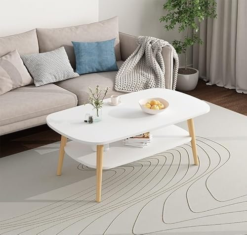 Anmas Power Table basse double couche en bois blanc, table de salon ovale, pieds de table en bois de pin, table basse (100 x 50 x 45 cm)