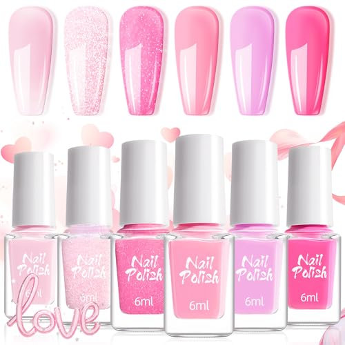 Nail Varnish Set - 6PCS Long Lasting Nail Polish Quick Dry Nail Varnish - Romantic Pink Glitter Nail Polish Sets for Women DIY Nail Art - Non-Toxic Water Based Nail Polish Gel No Need UV(Pink Series)