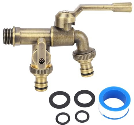 Rubinetto Acqua Esterno Doppio Rubinetto, Sdoppiatore Tubo Acqua Giardino con Ingresso 3/4 Pollice, Rubinetto Sdoppiatore Valvola Sfera Ottone Esterno 2 Vie per Connettore Tubo