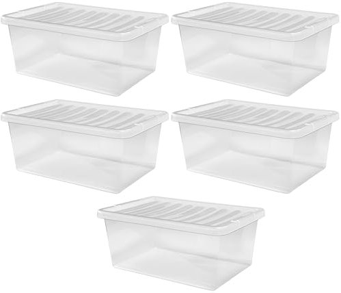 Muddy Hands Pack of 5-12 Litre Small Clear Plastic Storage Boxes with Lids Home Office Stackable Containers - Length: 37.5cm - Width: 25cm - Height: 15.5cm