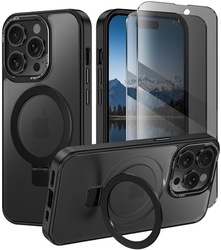 Lamcase for iPhone 14 Pro Max Case, Compatible with MagSafe, with Privacy Screen Protectors X2, [Magnetic Invisible Stand] [Camera Protection] Shockproof Slim Translucent Matte Phone Case, Black