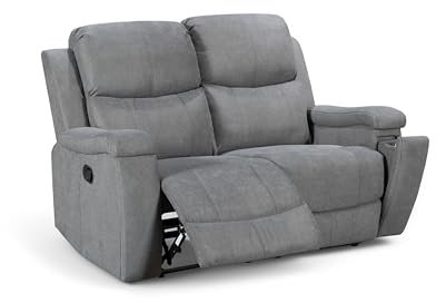 Lovesofas Dark Grey 2 Seater Recliner Sofa with Manual Pull Lever & Retractable Cup Holders - Durable Soft Chenille Fabric Upholstery, Metal Reclining Mechanism, Plush Padding