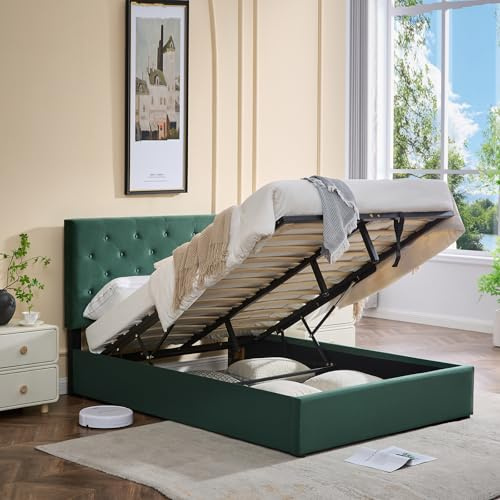 AZRBOPO Ottoman Storage Bed Frame, King Bed Frame with Underbed Storage, Adjustable Button Tufted Headboard, Solid Wood Slats, Max Load 320KS - Green