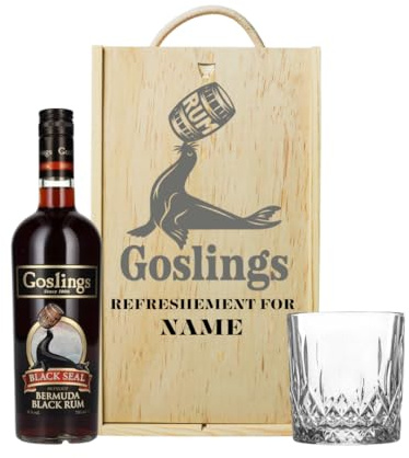 Personalised Goslings Black Seal Rum Gift Set with Glass & Wooden Box – Dark Bermudian Rum 70cl – Gift for Men, Boyfriend or Birthday – Premium Alcohol Present with Personalised Keepsake Box