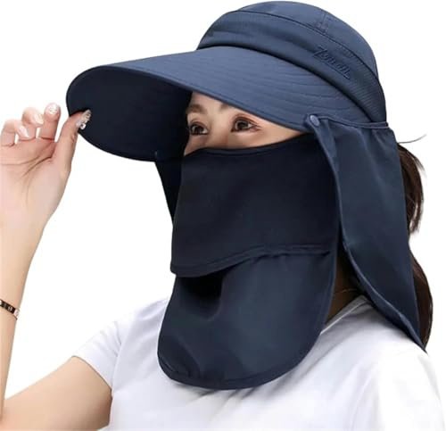 Bucket Hat Frauen Breite Krempe Gesichtsmaske Sonnenhut Abnehmbarer Hals Gesicht Klappe Pferdeschwanz Visier Hut Garten Angeln Wandern, 3, A