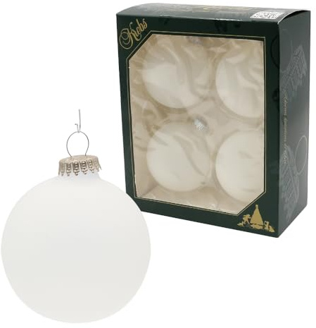 Dekohelden24 Lauschaer Christbaumschmuck - Baumkugeln geeist, Tannenbaumkugeln Schnee, 4er Set Kugeln Lauscha Uni matt geeist, 8 cm, mit silbernen Krönchen + 50 Schnellaufhänger in Silber.