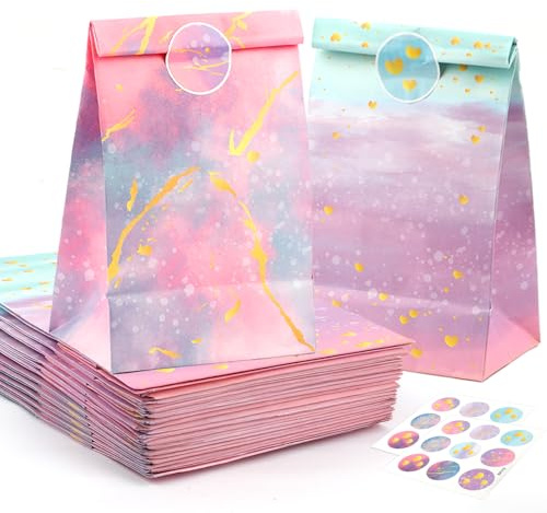 Maxmoc 12 Stück Geschenktüten Kindergeburtstag mit 18 Aufkleber | Geburtstagstüten Kinder,Bunt Mitgebsel Tüten，Kleine Papiertüten Für Snacks, Süßigkeiten und Kekse