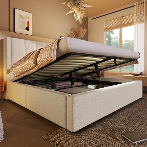 ZIDEY Polsterbett 180x200 Doppelbett mit verstecktem Becherhalter & USB Ladestation, Hydraulisches Bett mit Lattenrost, Bettgestell, Leinen, Beige, Ohne Matratze