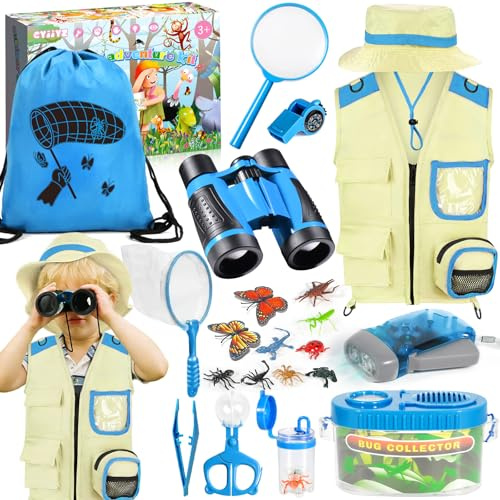 CYJJYZ 23 Pcs Ensemble Explorateur Extérieur Jouets, Kit Exploration Enfant, Kit D'exploration pour Enfants avec Chapeau, Gilet, Jumelles, Loupe, pour Enfants à Partir de 3 Ans (Bleu)
