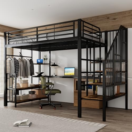 odikalo Hochbett 120x200cm aus Metall, Kinderbett mit Schreibtisch, Regalen und Treppe, Rausfallschutz, Jugendbett mit USB Type-C Anschlüssen, ohne Matratze, Schwarz