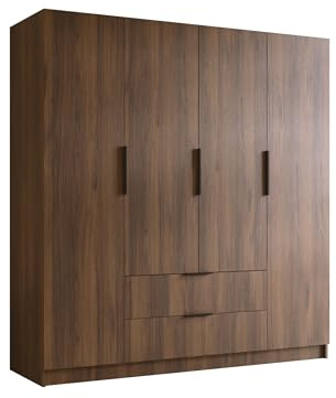 Mirjan24 Kleiderschrank Sozor I 200, Schrank, Garderobe, Organizer, 4-türig, 2 Schubladen für mehr Stauraum, Aluminiumgriffe, gedämpftem Schließsystem (Nuss Warmia + Schwarz)