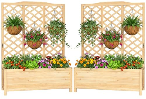 SUNYRISY 2 Stück Holz Hochbeet mit Rankgitter, Blumenkasten mit Rankhilfe, Garten Pflanzkübel mit Spalier, Sichtschutz Garten Pflanzkasten Pflanzkübel, 112 x 40 x 150 cm