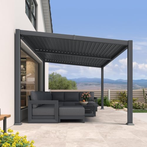 PURPLE LEAF Pergola Bioclimatique Adossée 3 x 4,25 m Alu Orientable Gris | Toit incliné, Anti-eau stagnante, Drainage rapide, Pergola adossée, Lames orientables, Anti-vent, Anti-UV, Terrasse