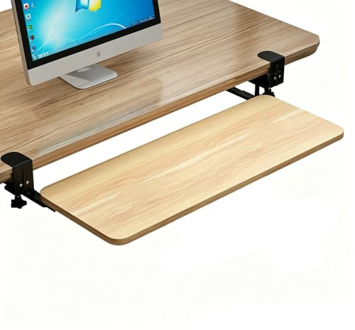 Bandeja Teclado Bajo Mesa,Equipada Con Un Sistema De Instalación Ajustable Tipo c Ultra Resistente,77cm Con Abrazadera,Capaz De Soportar Hasta 25 Kg,Altura ajustable de 1-11 cm (Nogal claro, 65*25CM)