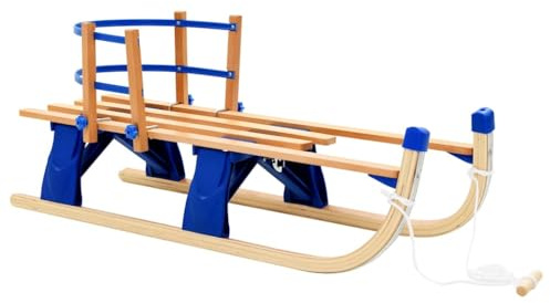 Ziaphsol Klappschlitten aus Holz mit Abnehmbarer Rückenlehne, 119 x 37 x 45 cm, mit Zugseil und Metallkufen, für Schnee und Bergabfahrt, leicht verstaubar und stabil für Familie und Kind