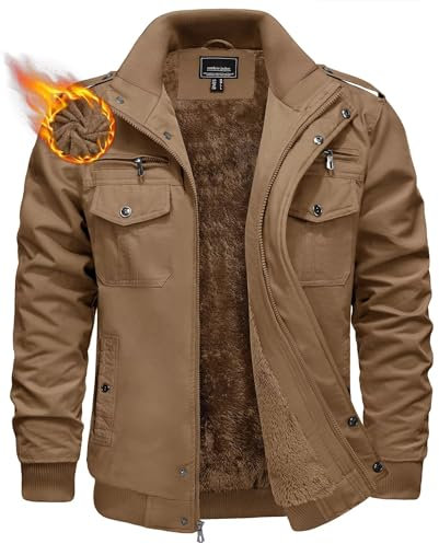 KEFITEVD Vestes Polaires d'hiver pour Hommes Veste Chaude de Travail Epaisse Manteau Coupe-vent avec Poches Coton,Kaki,3XL