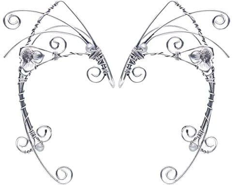 Elf Ear Cuffs, Ohrclips, handgefertigt, Elven Cuff Wrap Ohrringe für Frauen – Pearl Wing Quaste Filigree – Fantasy Fairy Halloween Kostüm, Cosplay, Hochzeit., Silber, Legierung.