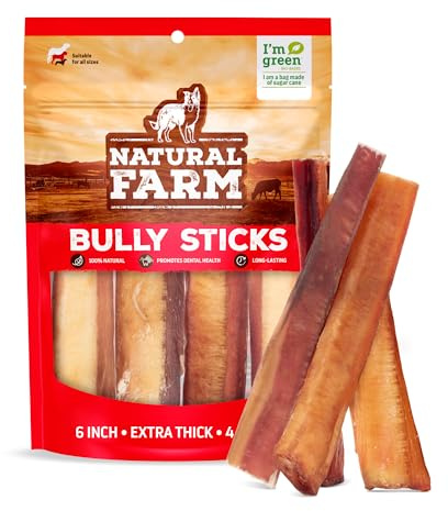 Natural Farm Jumbo Bully Sticks (6 Inch, 4 Pack), Odor Free, Extra-Thick Dog Chews - Fully Digestible 100% Beef Treats, Supports Dental Health, Keep Your Dog Busy with 50% Longer Lasting Chews