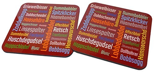 Fördeblau Originelle Pfälzer Dubbeglas Untersetzer mit Schimpfwörtern | Humorvoll & Praktisch | 90x90 mm | Holz, Glänzend | 2er-Set