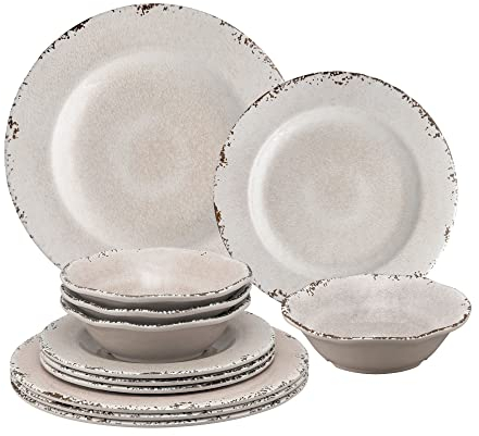 UP Vajilla de melamina de 12 piezas, incluye platos llanos, platos de ensalada, cuencos, servicio para 4. (Crackle, crema)