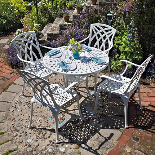 Lazy Susan 88 cm Runder Mia Gartentisch in Weiß mit 4 April Stühlen, Ohne Sitzkissen | Nachhaltiges Sandguss-Aluminium | Wetterfest | Rostfrei | Wartungsarm | 3 Jahre Garantie