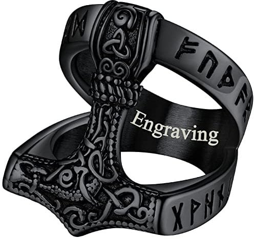 FaithHeart Personalised Norse Viking Ring for Boys Black Plated Thors Hammer Runes Rings Steampunk Stainless Steel Mjolnir Finger Charm Size O